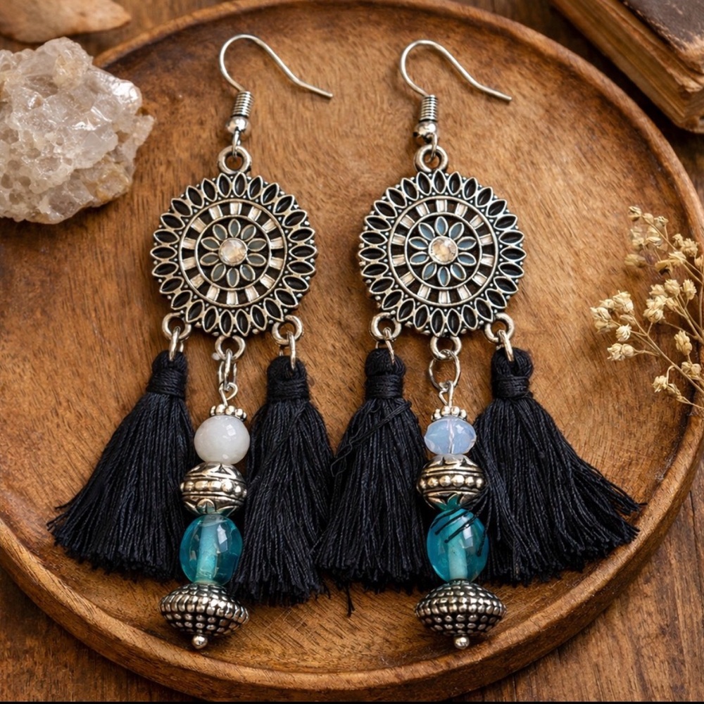 Boho Tassel Earrings Mandala Filigree Glass Dangle Artisan Vintage Beads